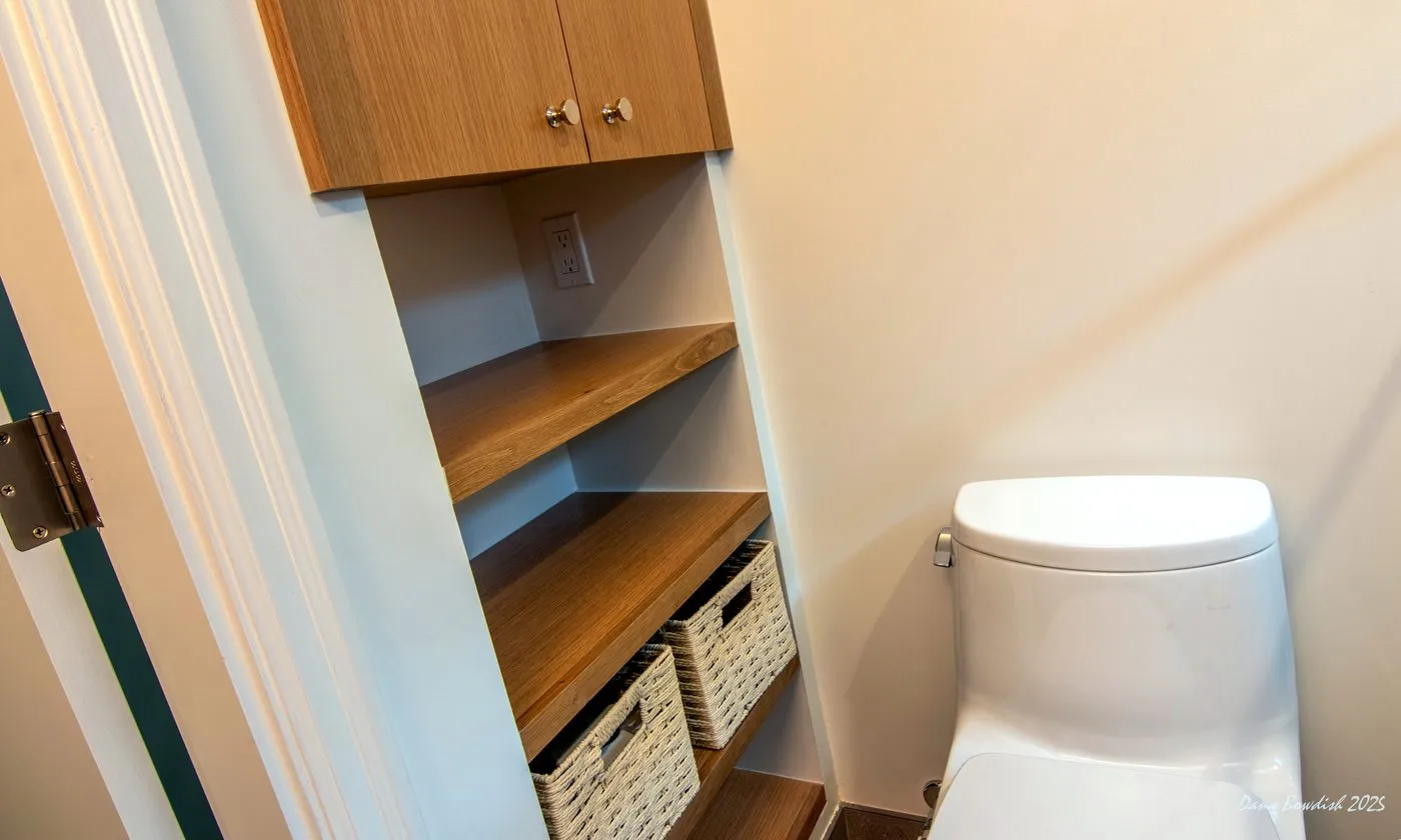 Built-in bathroom shelves and storage in the Licton Springs remodel