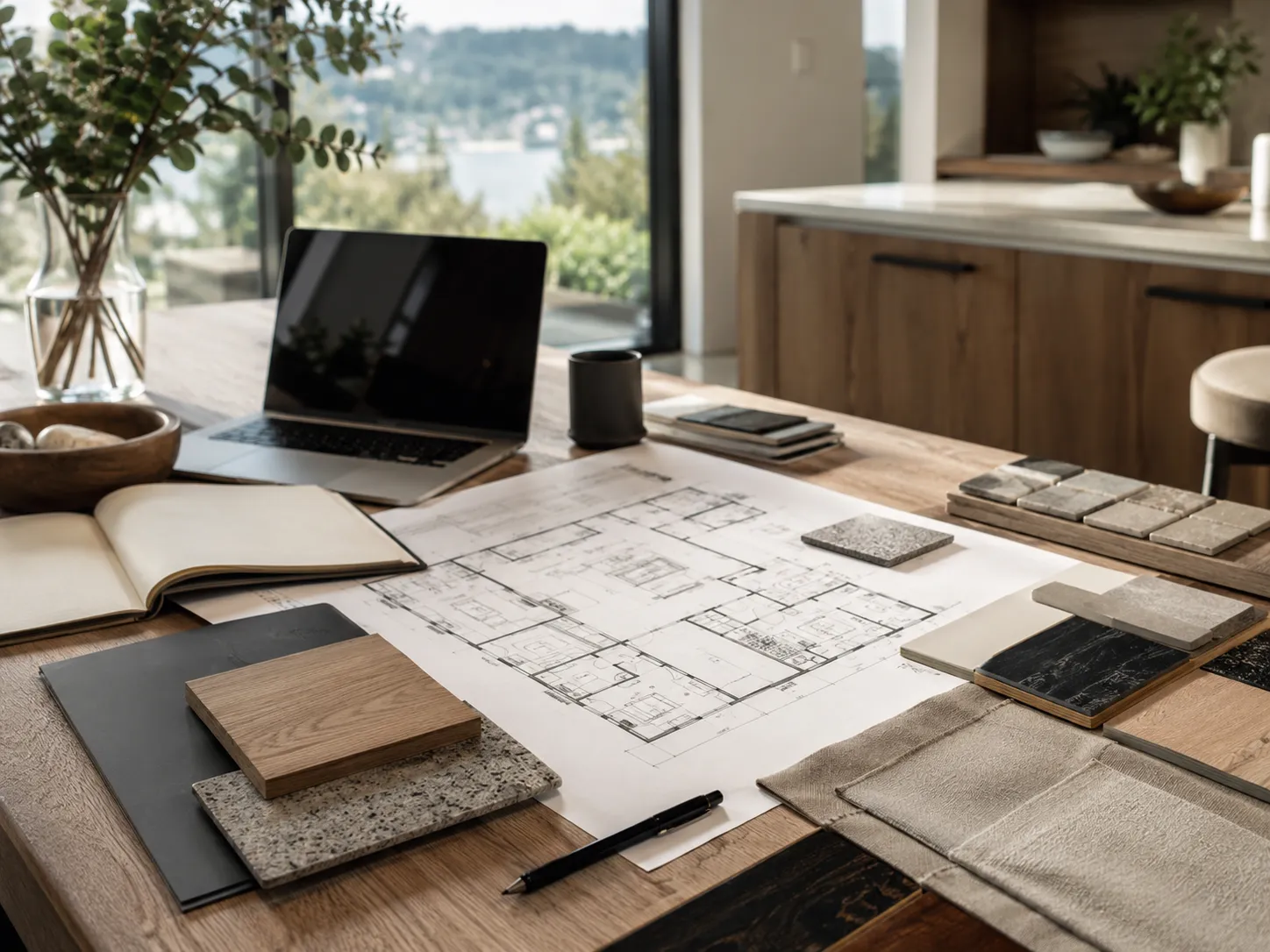 Design plans and finish samples for a Seattle home remodel