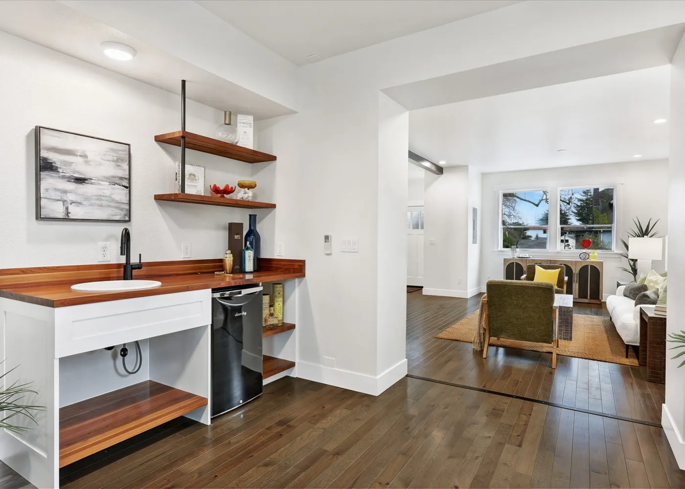 Family room area with built-in bar