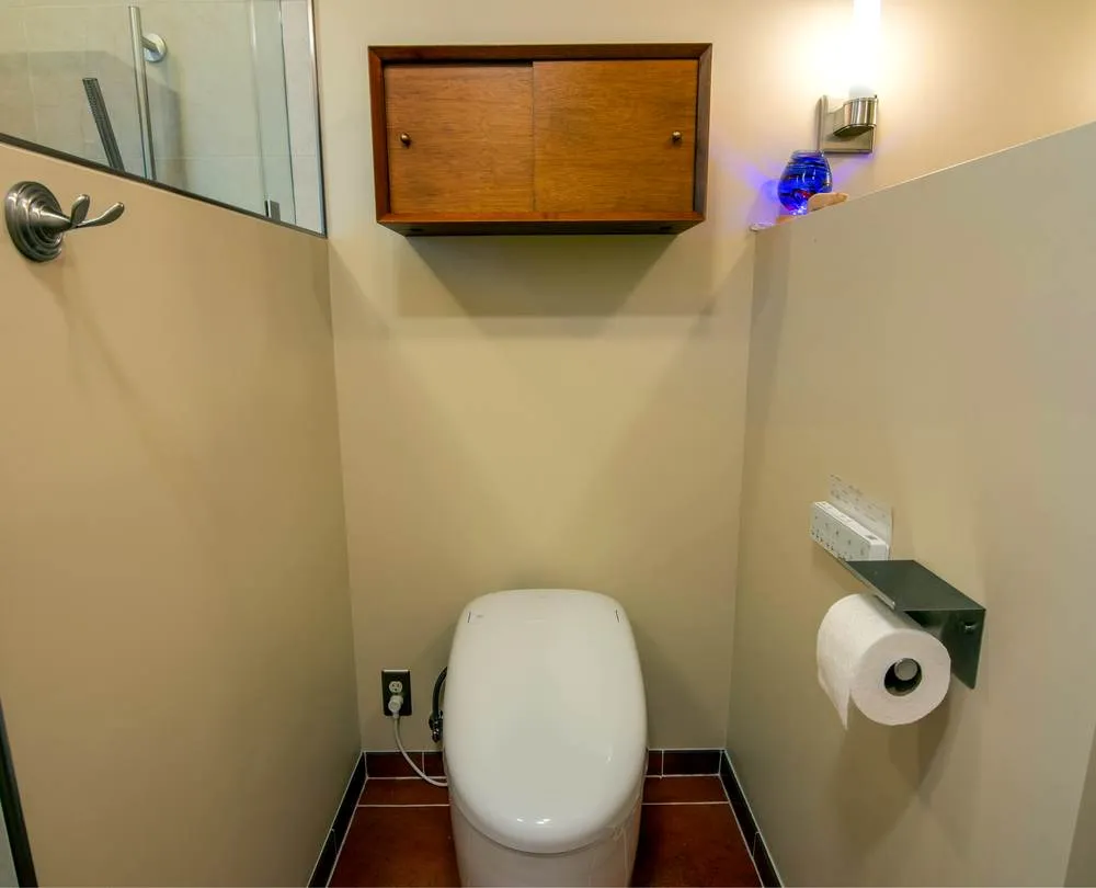 Toilet zone with upper cabinet storage in the Greenwood bathroom renovation